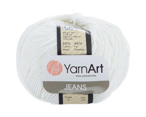 Пряжа/нитки YarnArt Jeans – цвет 01 белый
