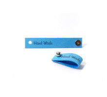 Кожаная бирка «Hand Made» с кнопкой ярко-голубая