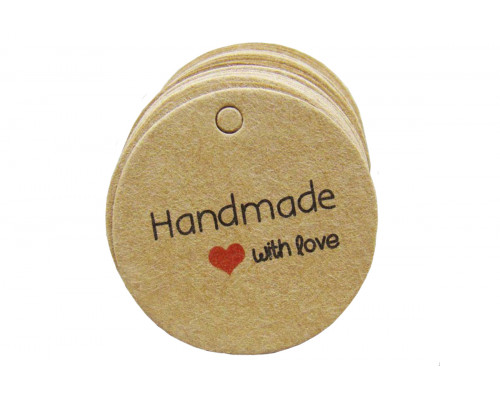 Картонная бирка «Handmade with love» крафт круглая с сердечком